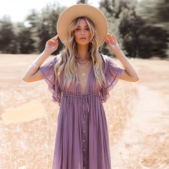 Butterfly Orchid Boho Gauze Button Front Flutter Maxi Dress W/Adjustable Ties - Picture 4 of 11